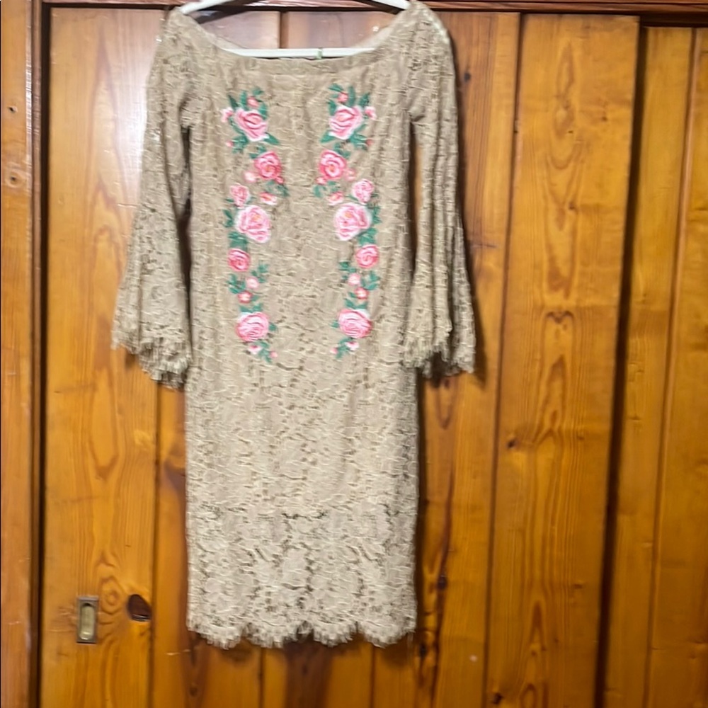 Floral Embroidered Lace Dress - Beige